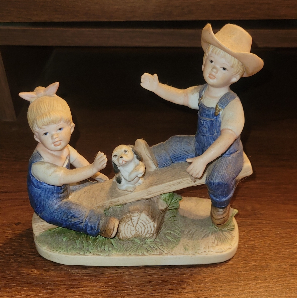 Vtg Homco Denim Days Figurine #8827 Playtime 1985 Boy Girl Puppy Seesaw Taiwan